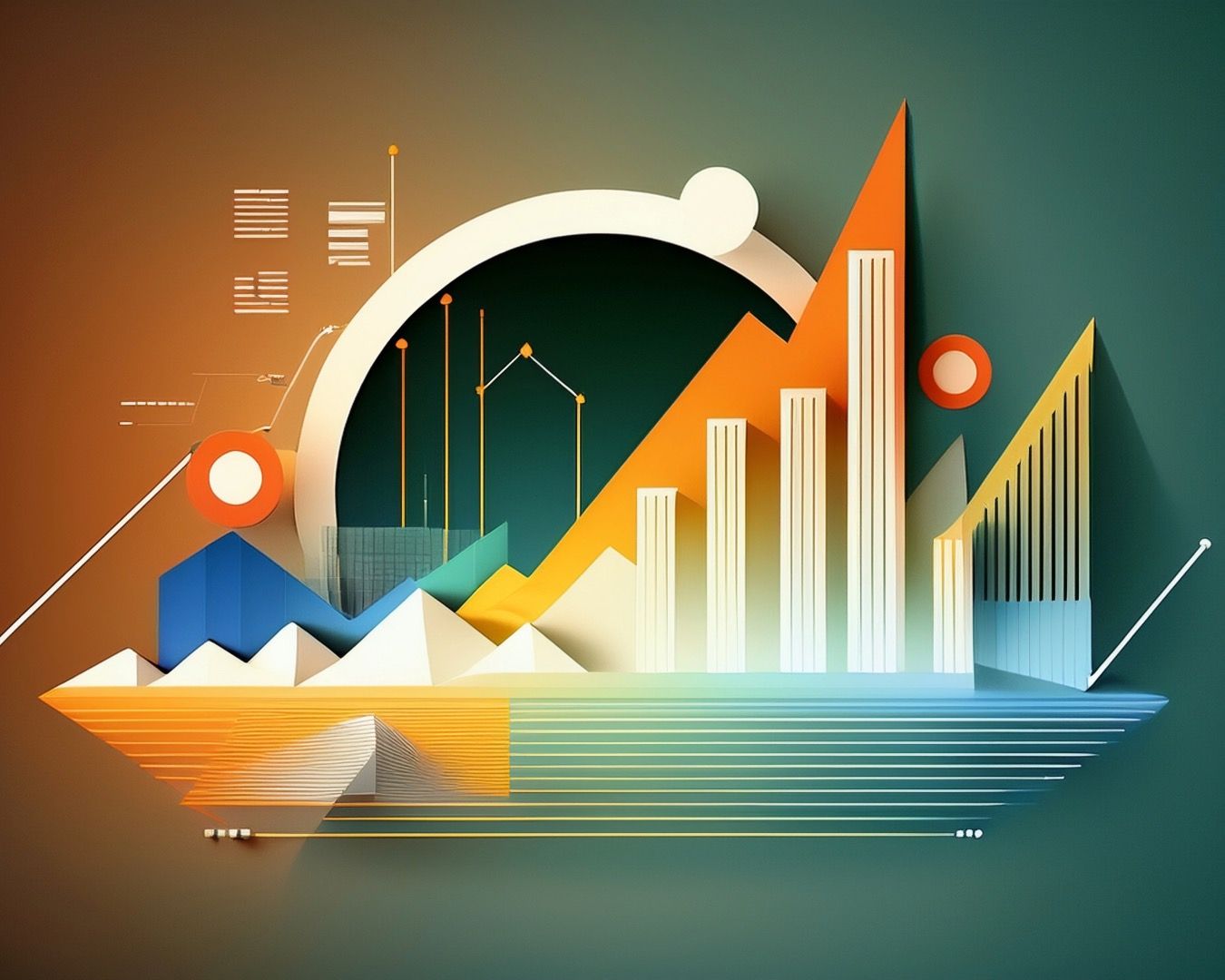 Geometric abstract banner design with colorful shapes and data visualization elements on teal and orange gradient background.