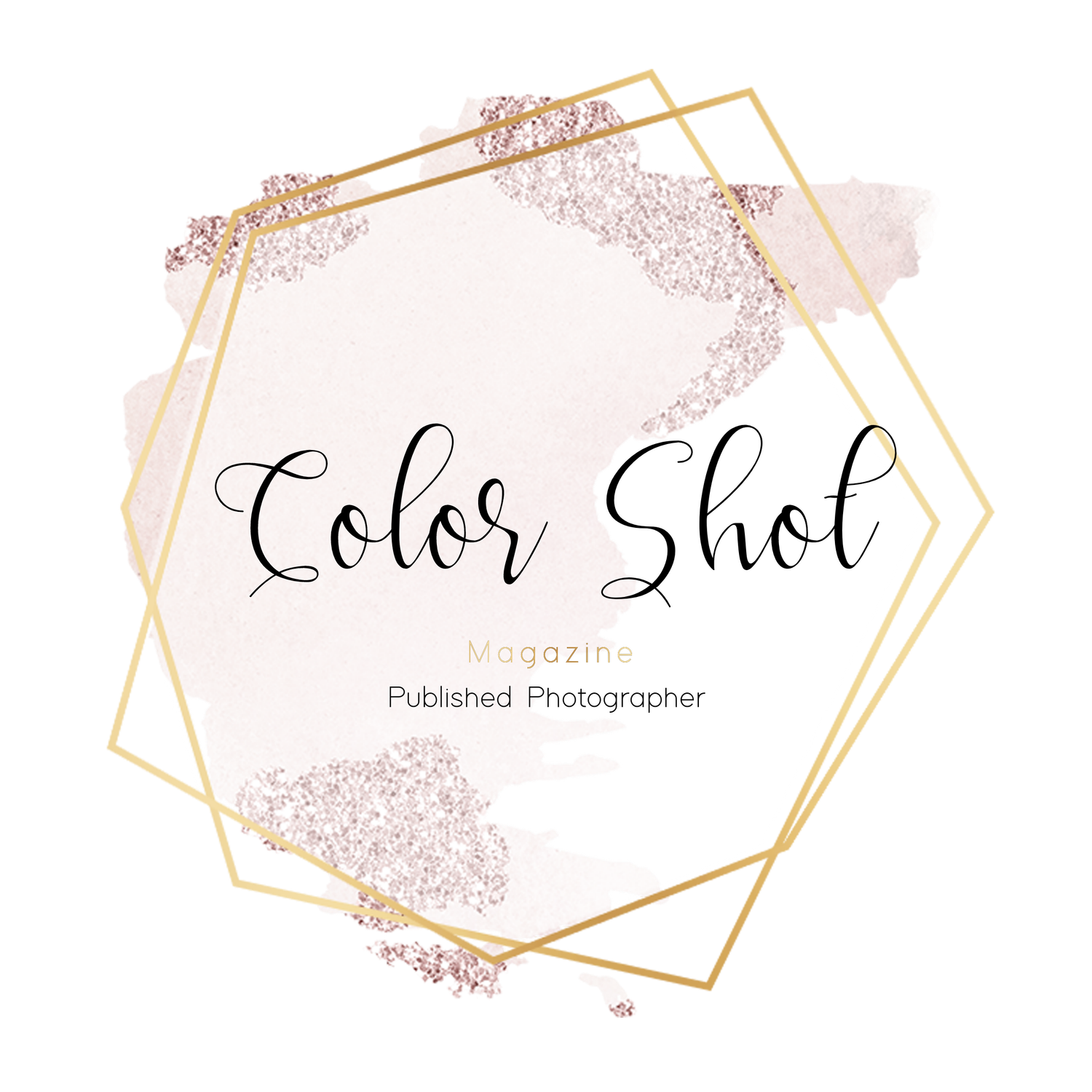 Hexagonal pink and gold logo design for Color Shot Photography with glitter accents.