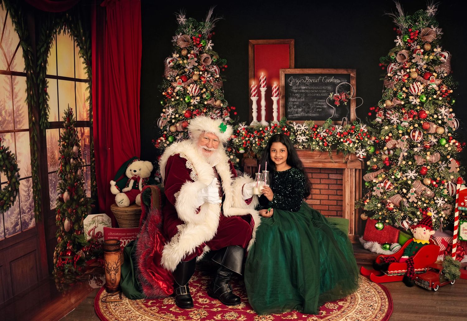 A traditional holiday scene with decorated Christmas trees, red and green decor, and a cozy fireplace setting.