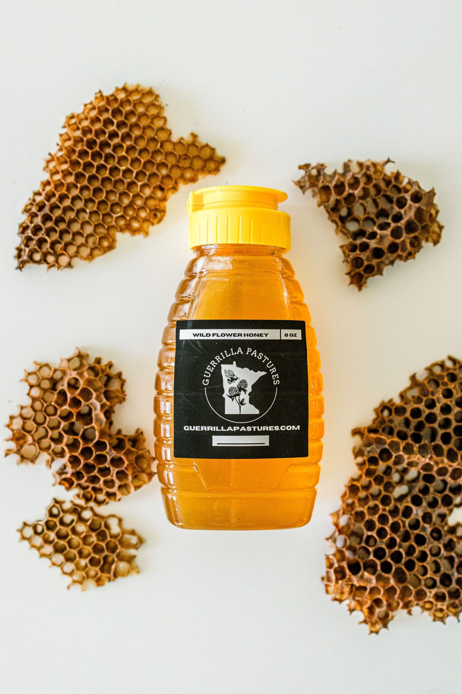 Bottle of golden honey surrounded by pieces of natural honeycomb on a white background.