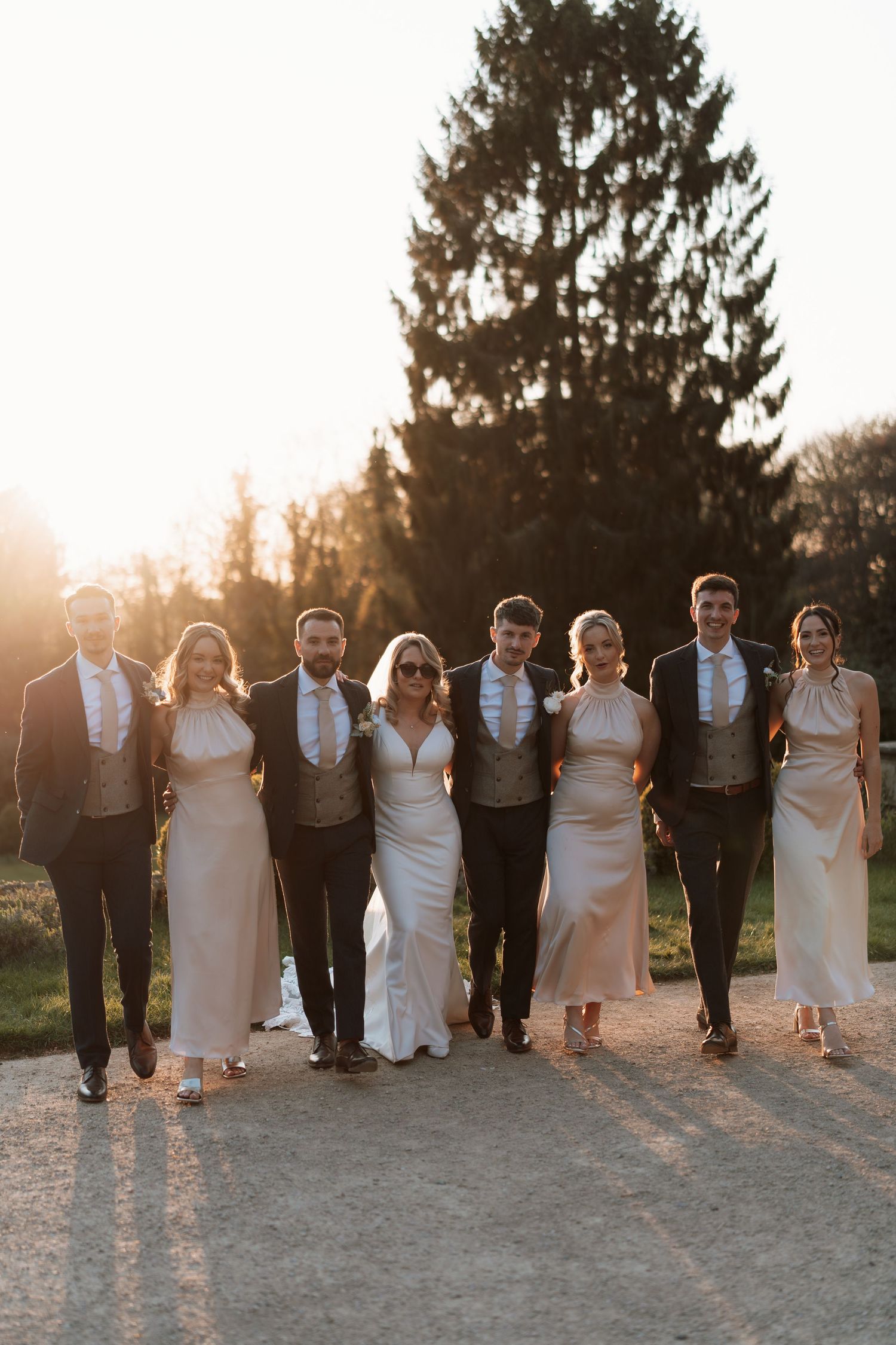 Wedding party poses together on a path during sunset with evergreen trees in the background.