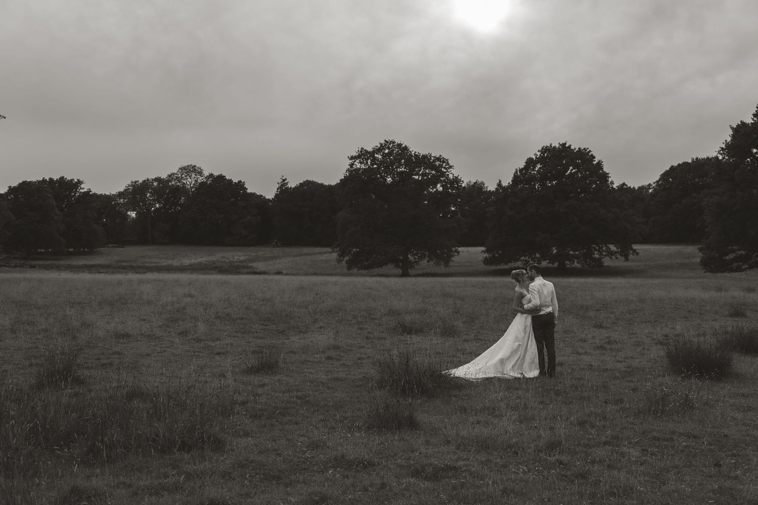 Seven vintage black and white photos show a romantic countryside wedding scene with dreamy lighting and natural scenery.