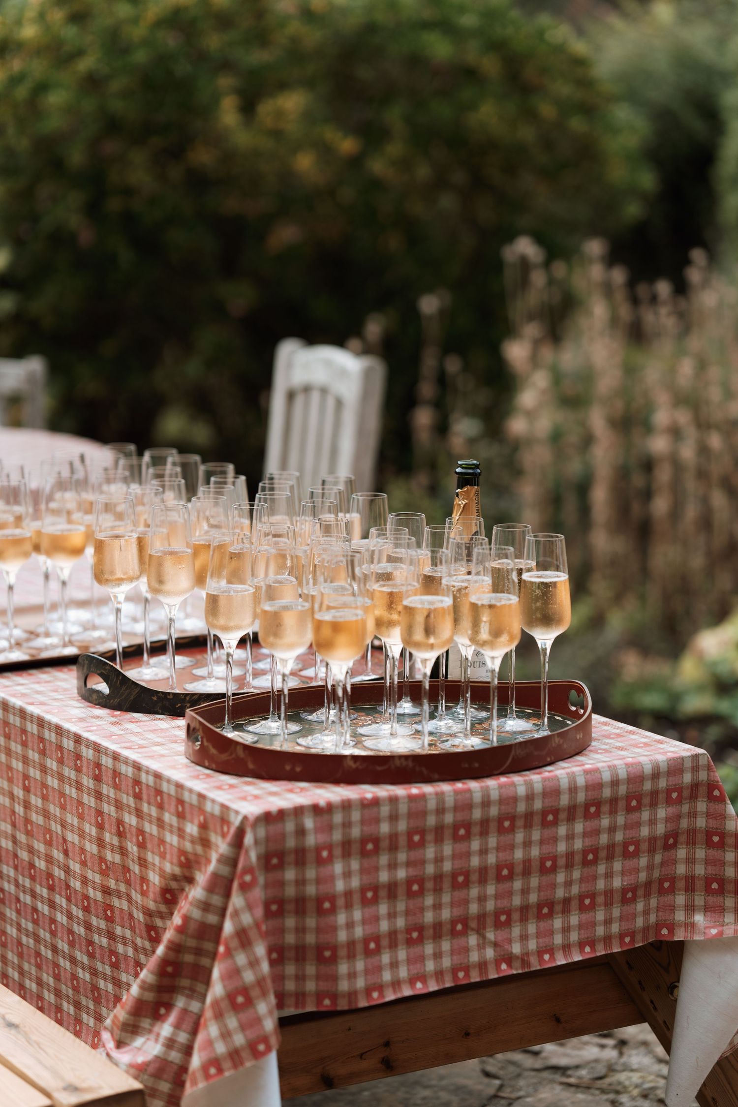 Champagne glasses filled with rosé arranged on a red checkered tablecloth at an outdoor reception.