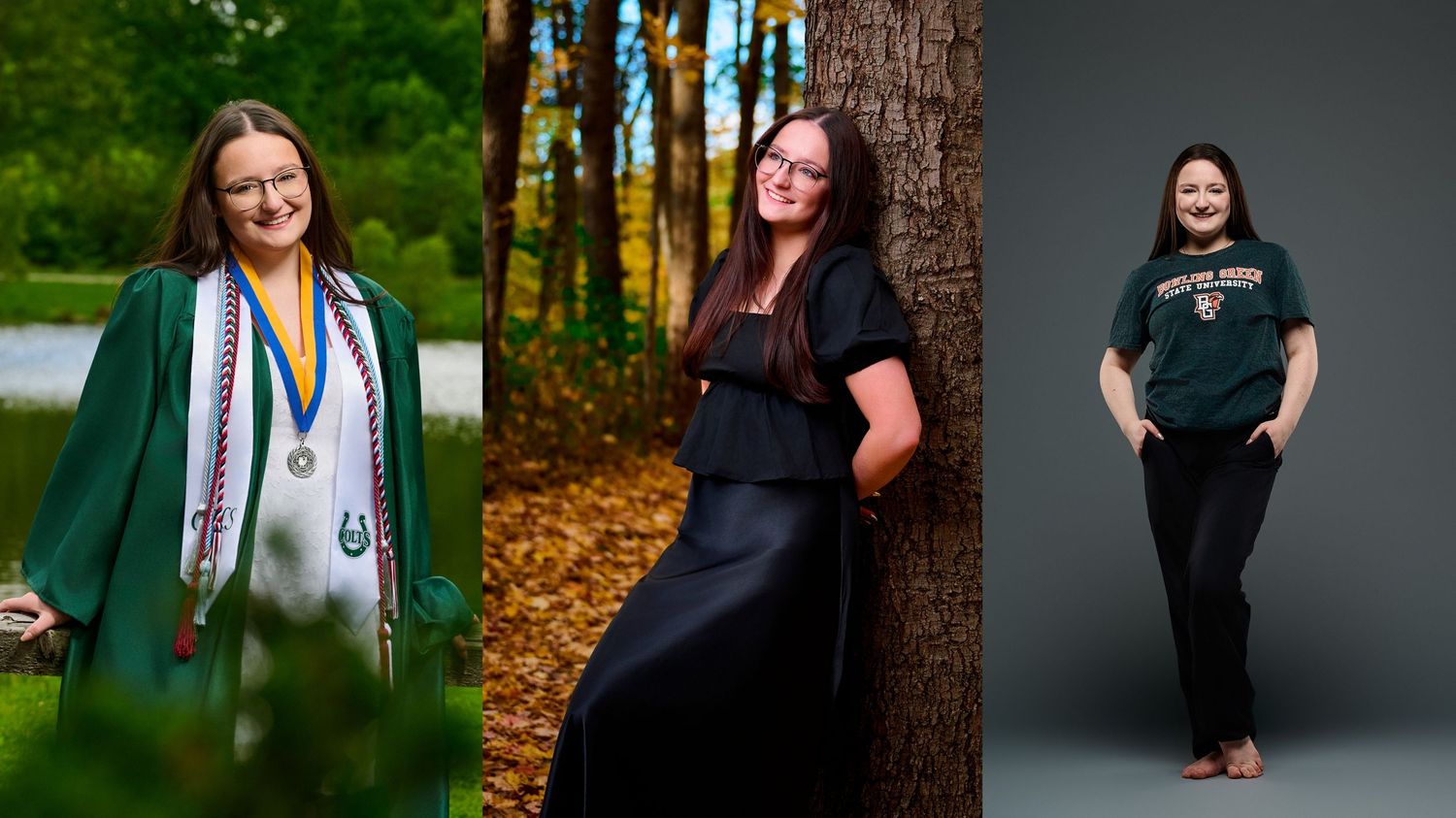 Professional photography portraits in outdoor and studio settings showcasing healthcare staff in casual and formal attire.