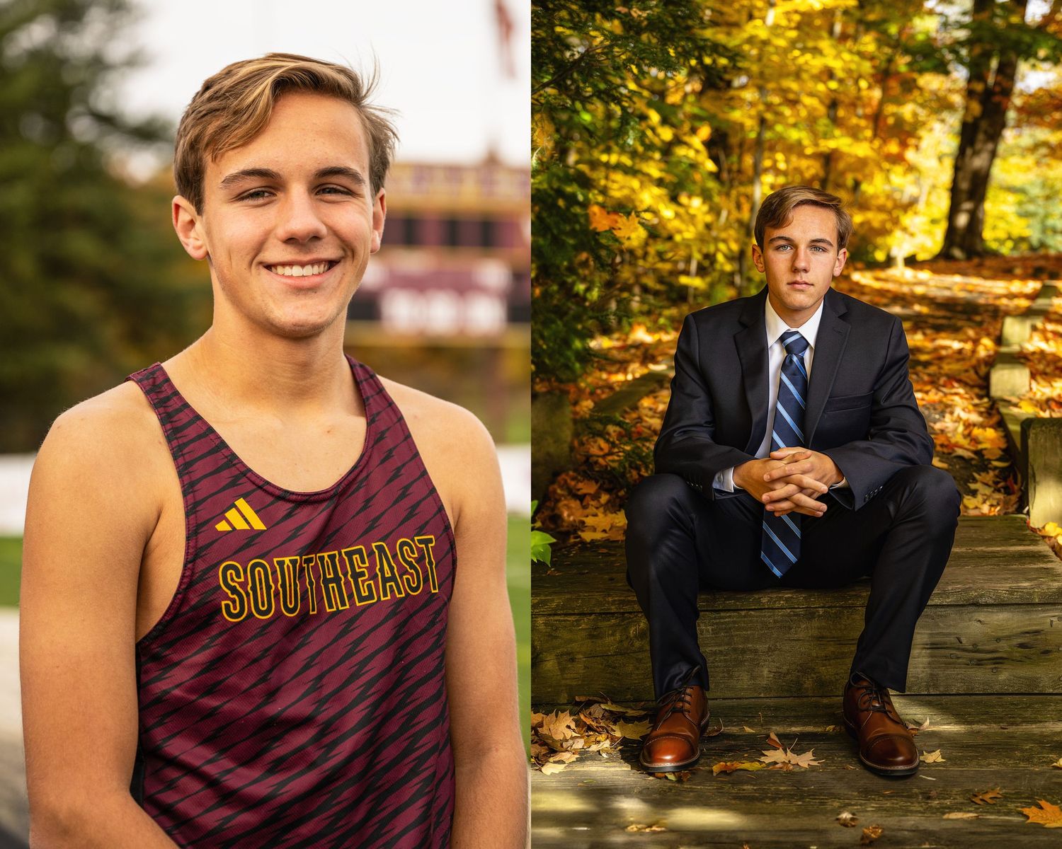 Athletic and formal senior portrait diptych showing different styles and seasons.