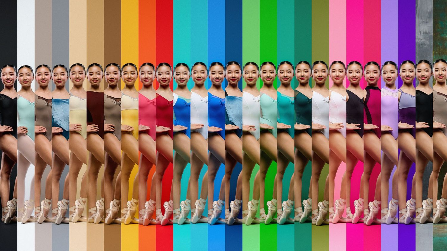 Colorful series showing same dance pose repeated across different colored backgrounds.