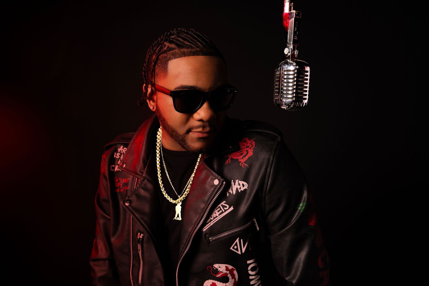 Professional studio photo of a musician in leather jacket and sunglasses next to vintage microphone.