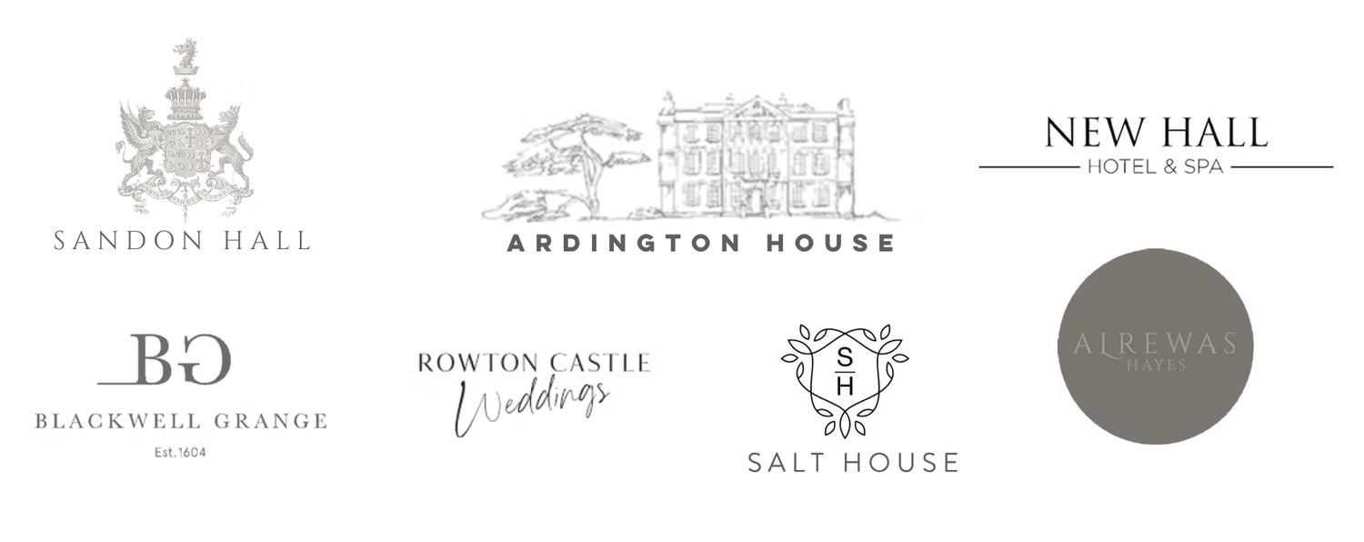 An elegant collection of luxury wedding venue logos and branding in neutral tones.