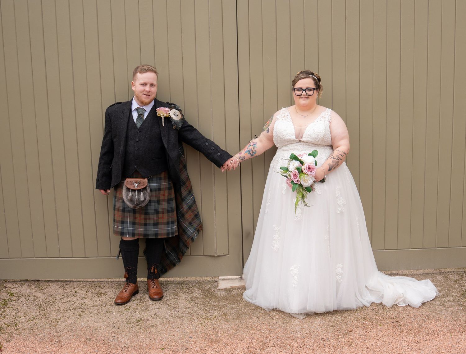 Wedding couple poses creatively in front of beige wall for fun sequential photo series showing changing positions.
