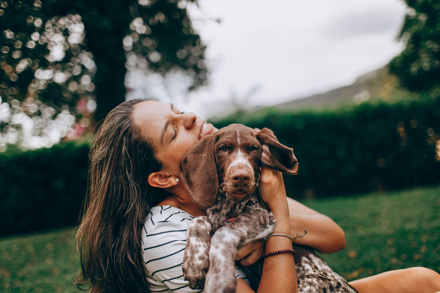 A playful moment between a person and their German Shorthaired Pointer puppy in a backyard setting.