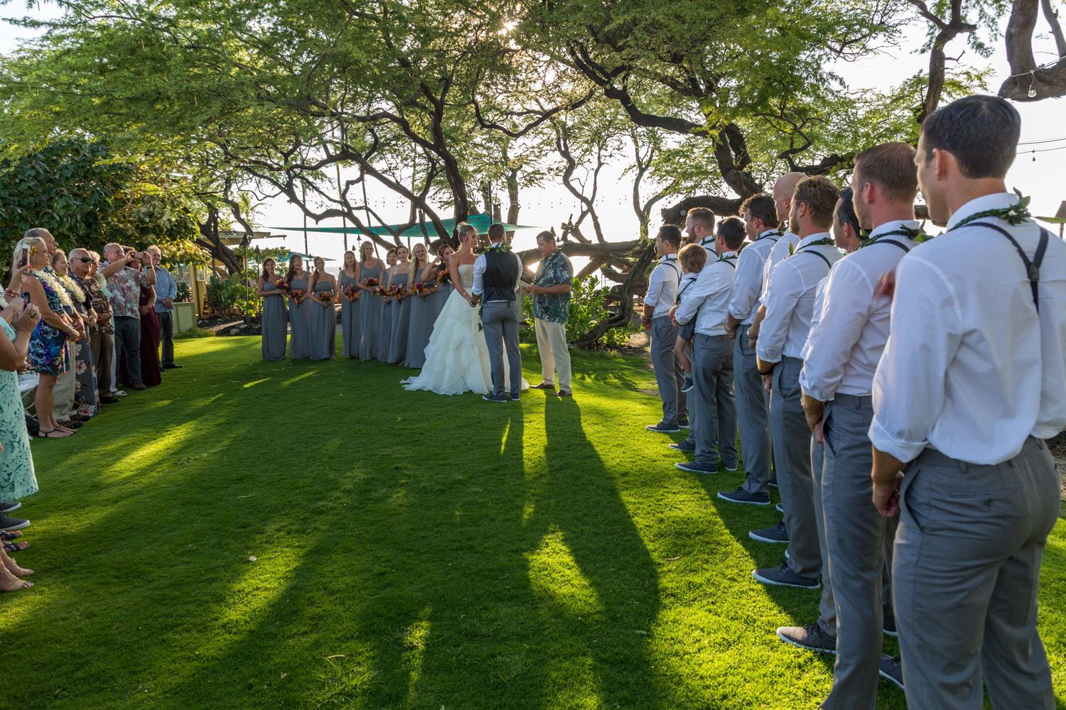 A wedding ceremony lineup in a sunlit garden with groomsmen in light blue shirts and guests watching from the lawn.