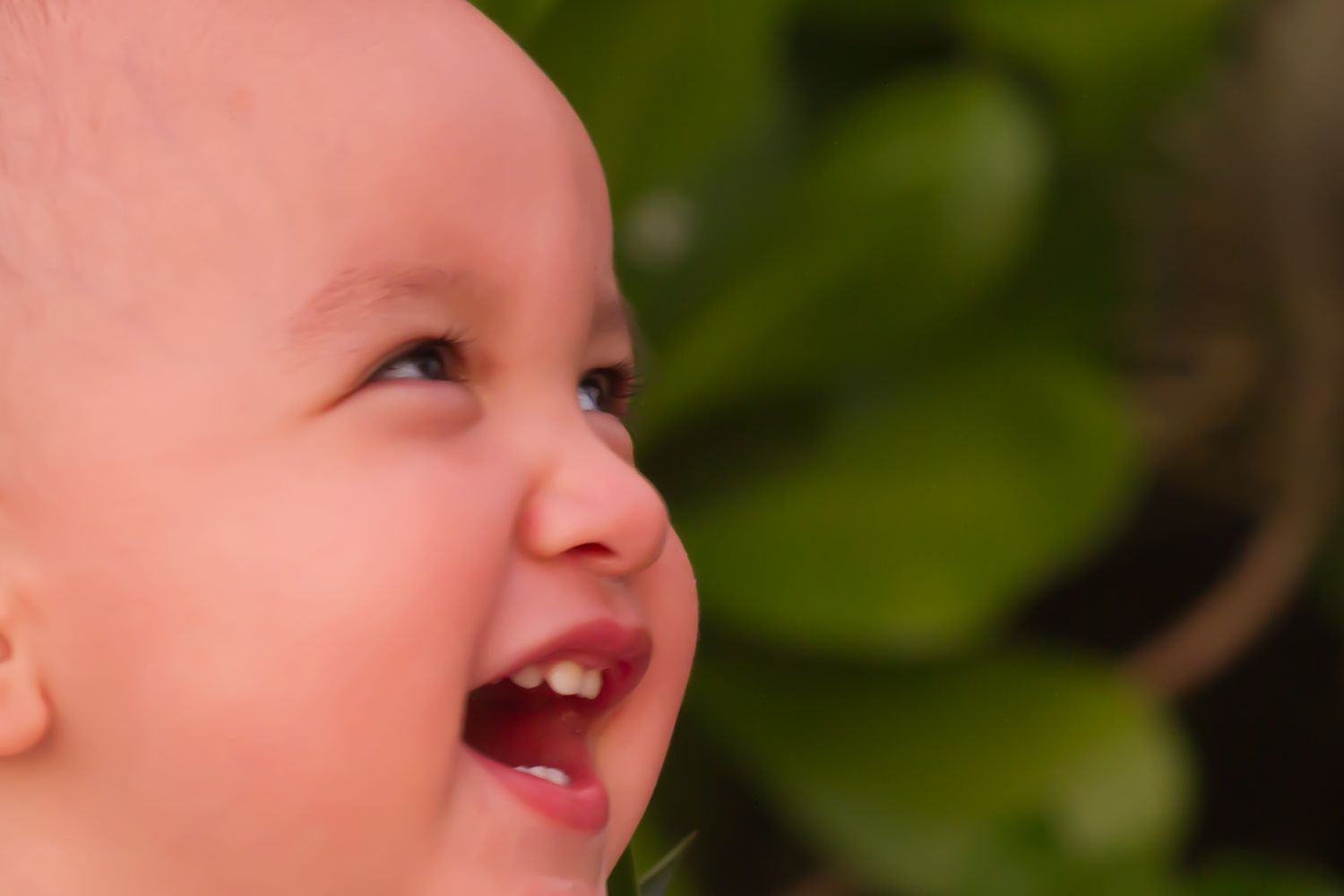 Close up of joyful laughter against green foliage background at Konokohau beach in Kailua Kona.