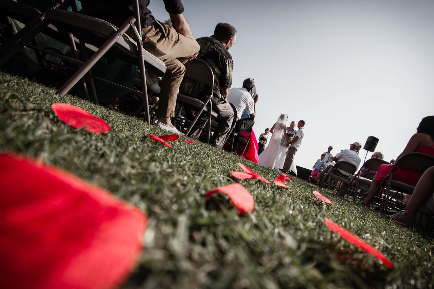Red rose petals line a grassy wedding ceremony area with guests seated on white chairs at the Living Stones Church grassy lawn in Kona.