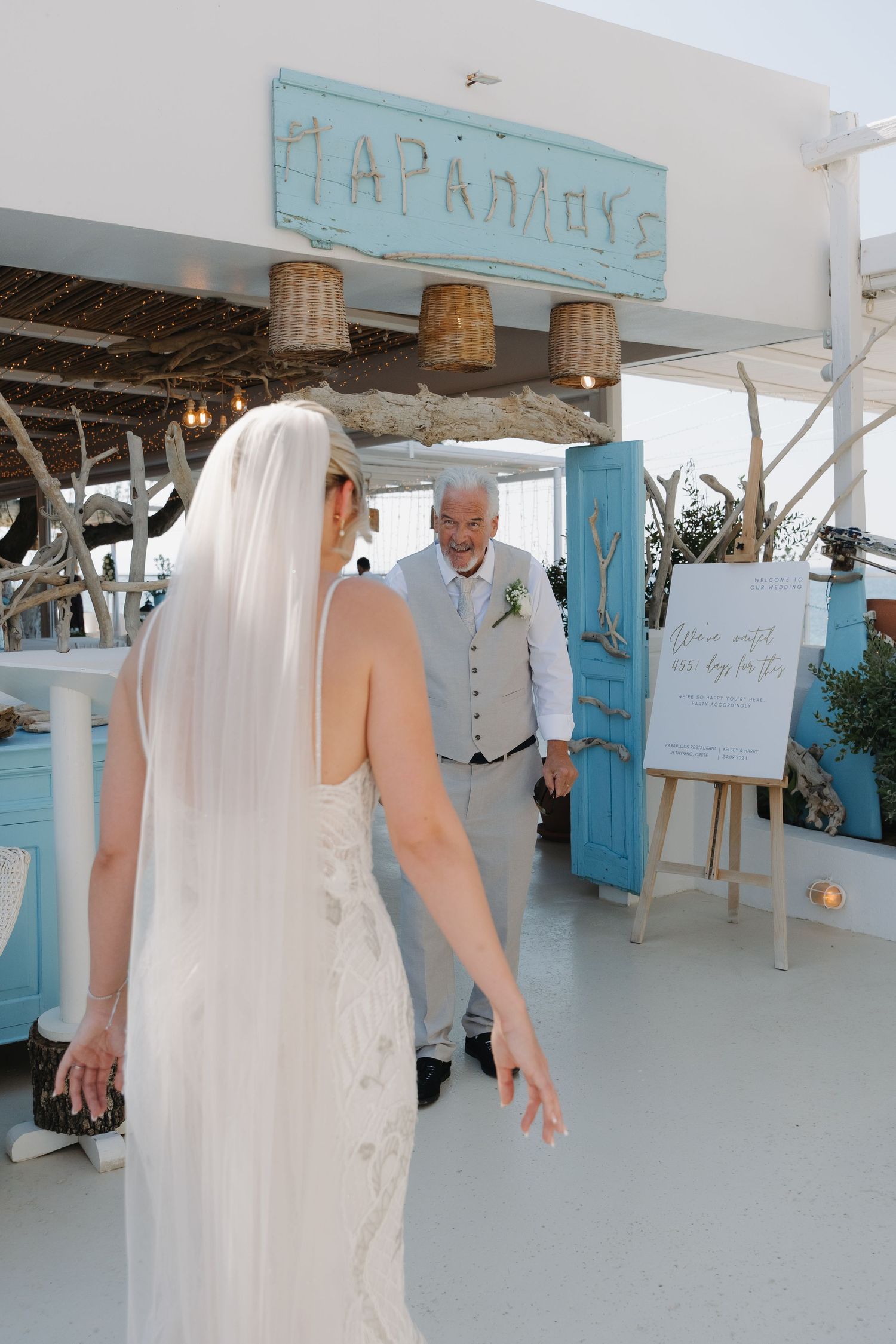 Wedding venue entrance with rustic turquoise Paparazzi sign and white decor.