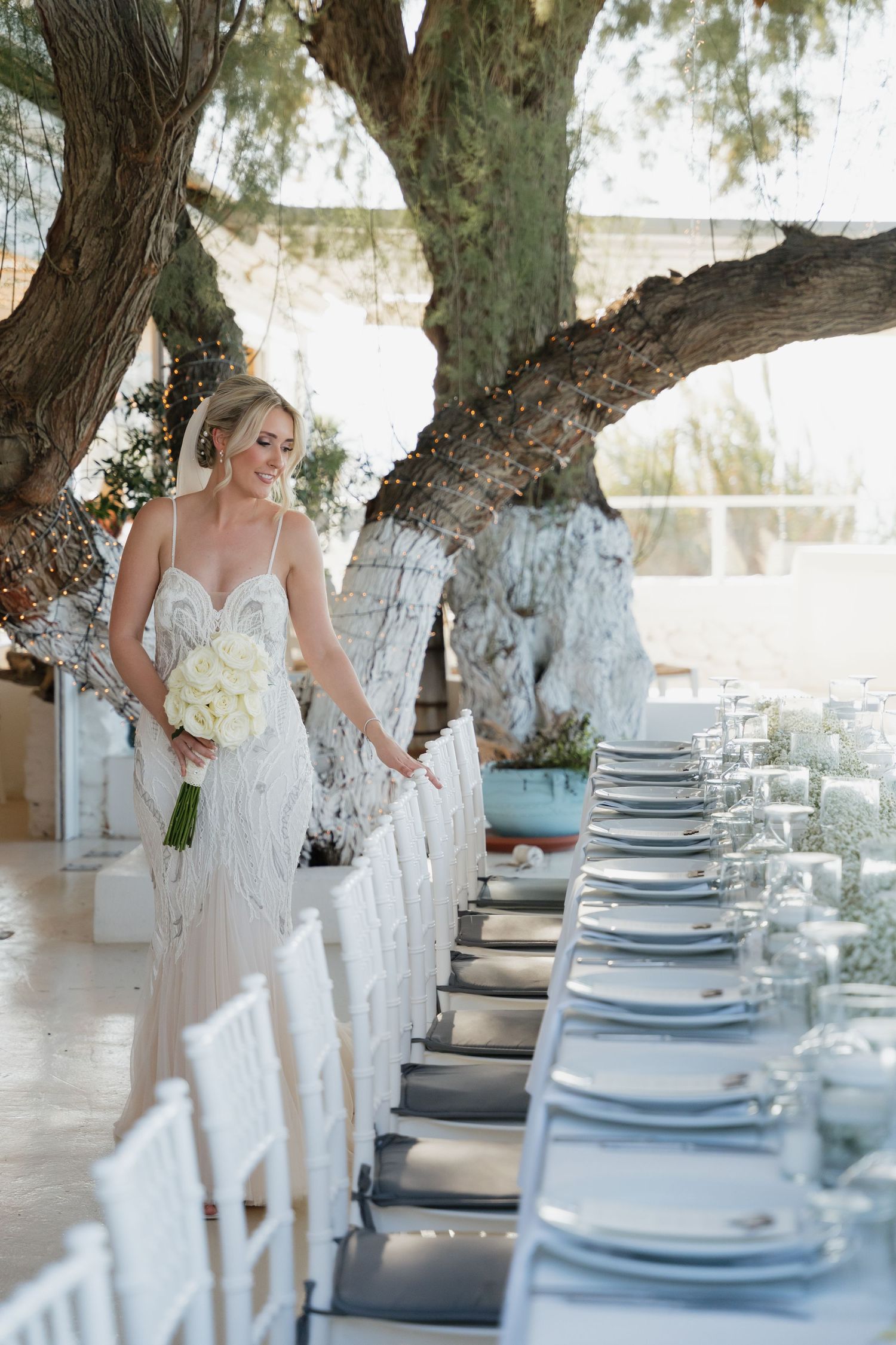 An elegant seaside wedding reception table set with blue and white plates beneath a twisted tree.
