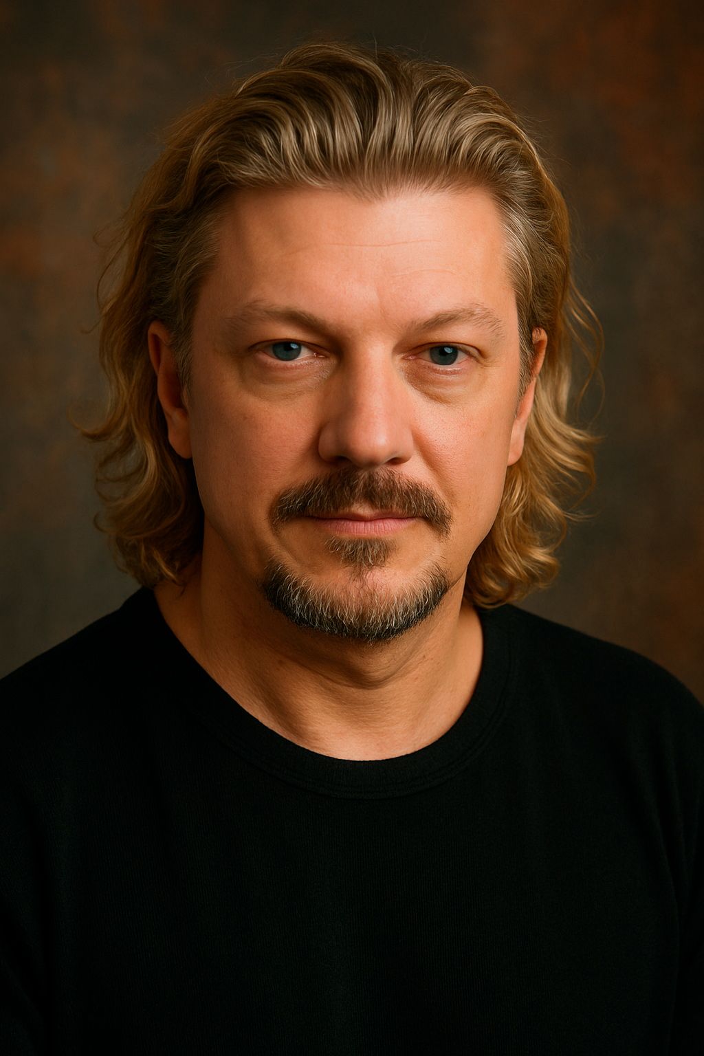 Professional portrait series showing a person in black shirt against dark background with blonde hair and facial hair.