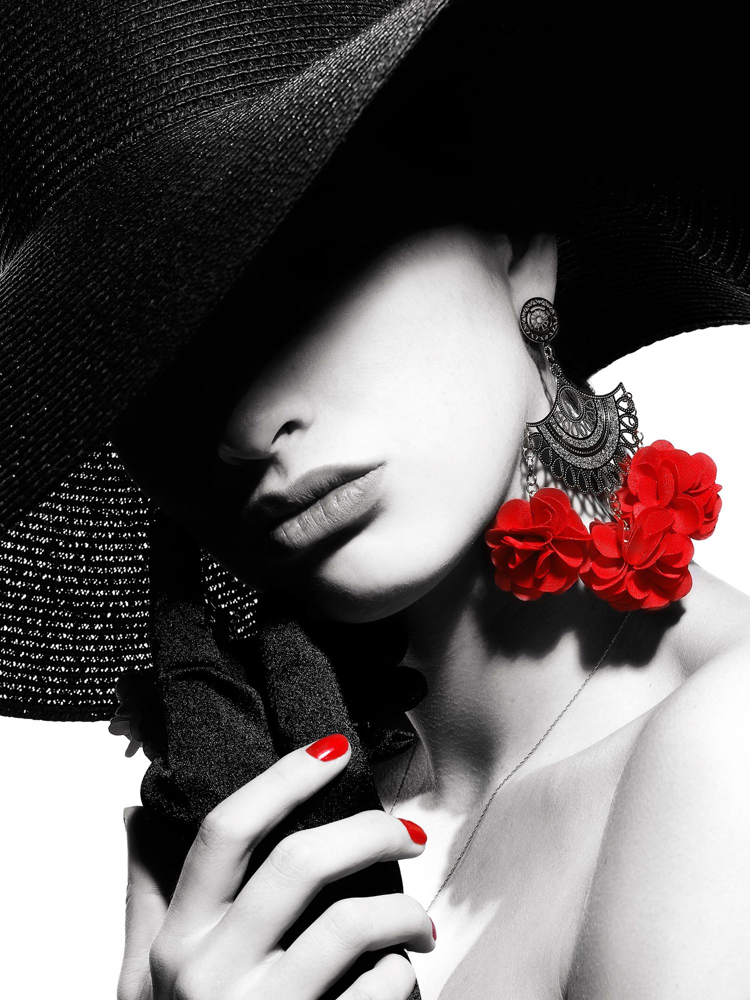 Dramatic black and white fashion photo with red accents showing wide brimmed hat, red flowers and ornate earring.