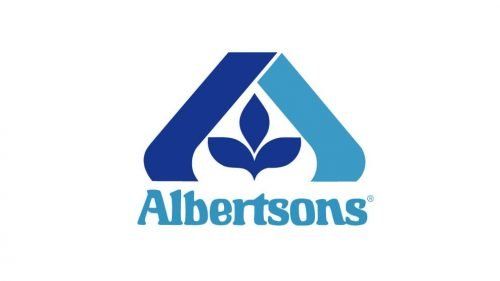 Albertsons logo featuring a blue geometric shape resembling a house or mountain with a leaf symbol and text below.