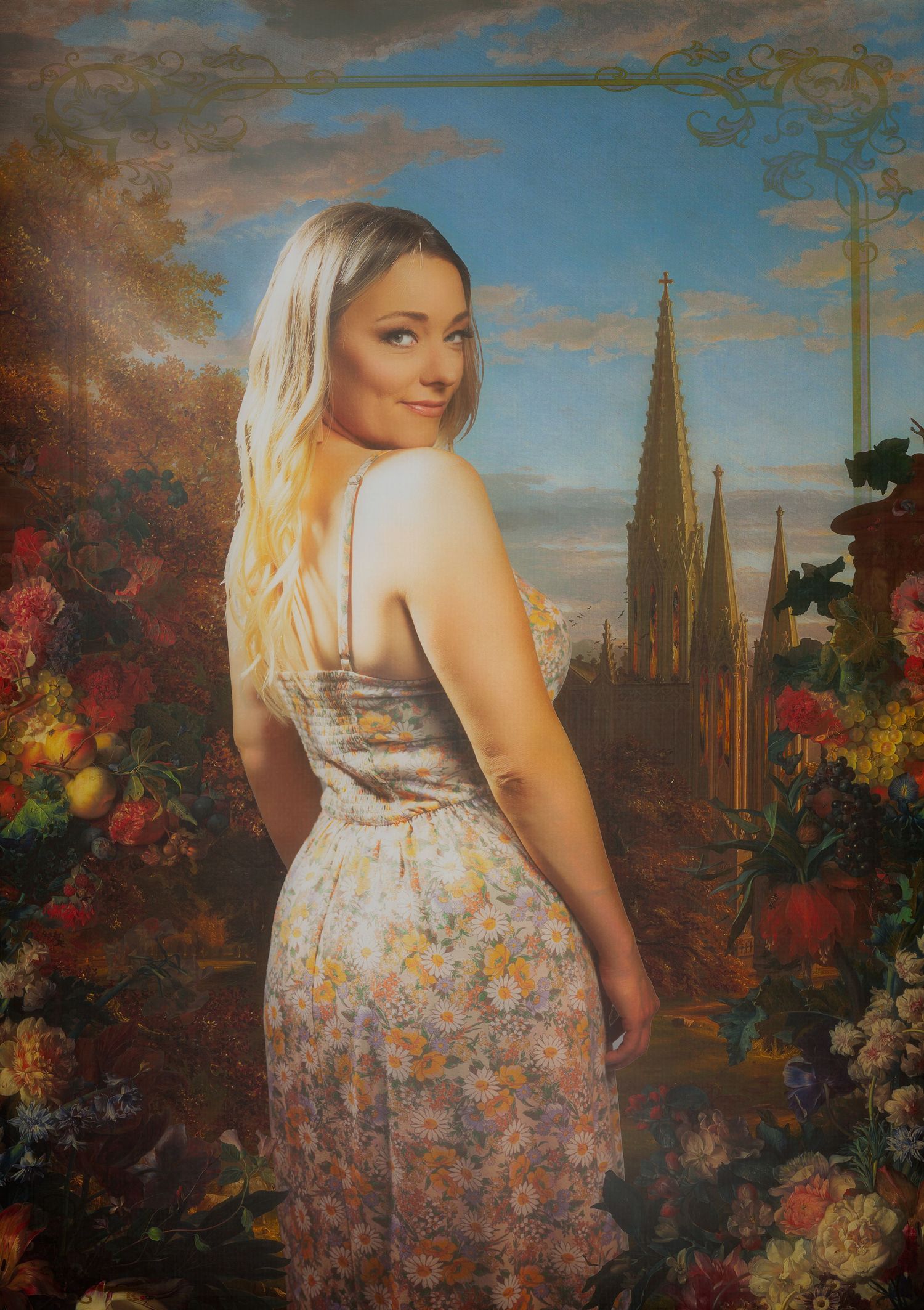 Artistic portrait in floral garden setting with church spire and dramatic sunset sky in background.