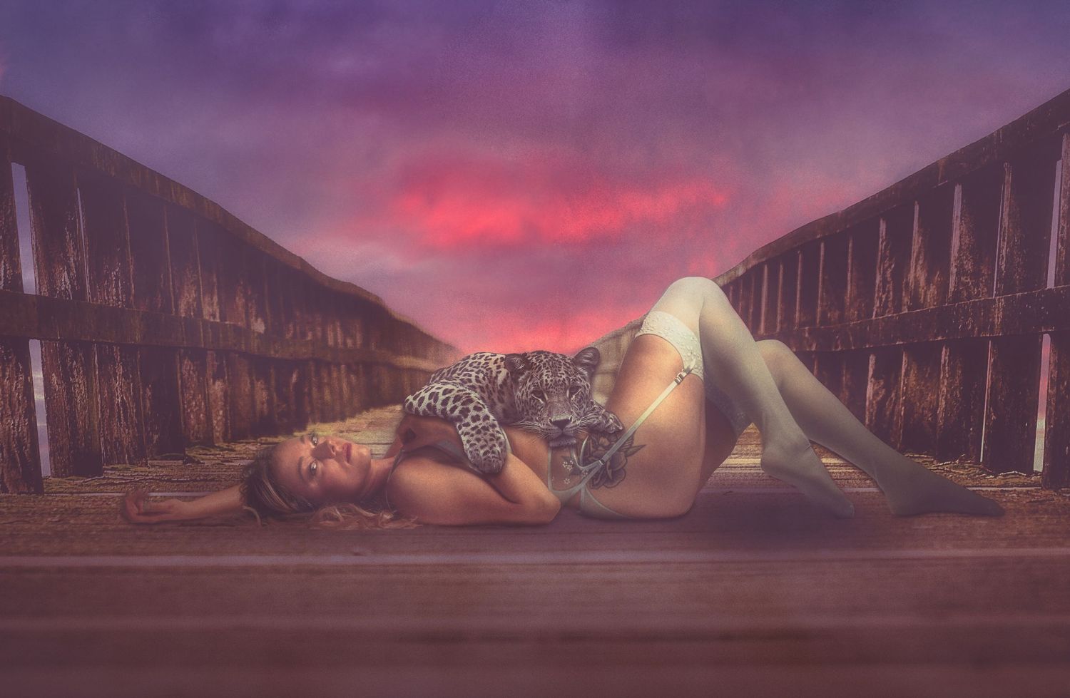 Dramatic sunset photo on wooden pier with artistic lighting and purple sky.