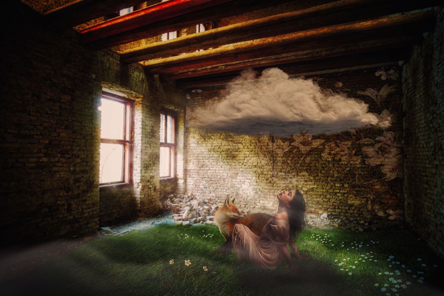 Surreal indoor scene with floating clouds and magical lighting in an old rustic room.
