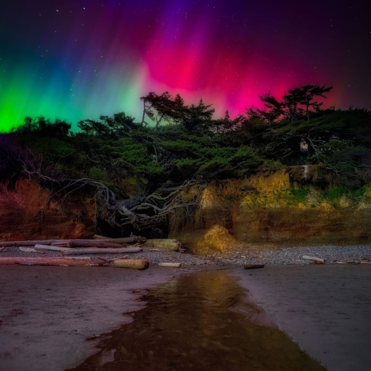 Spectacular northern lights display pink and green colors over coastal beach landscape at night.