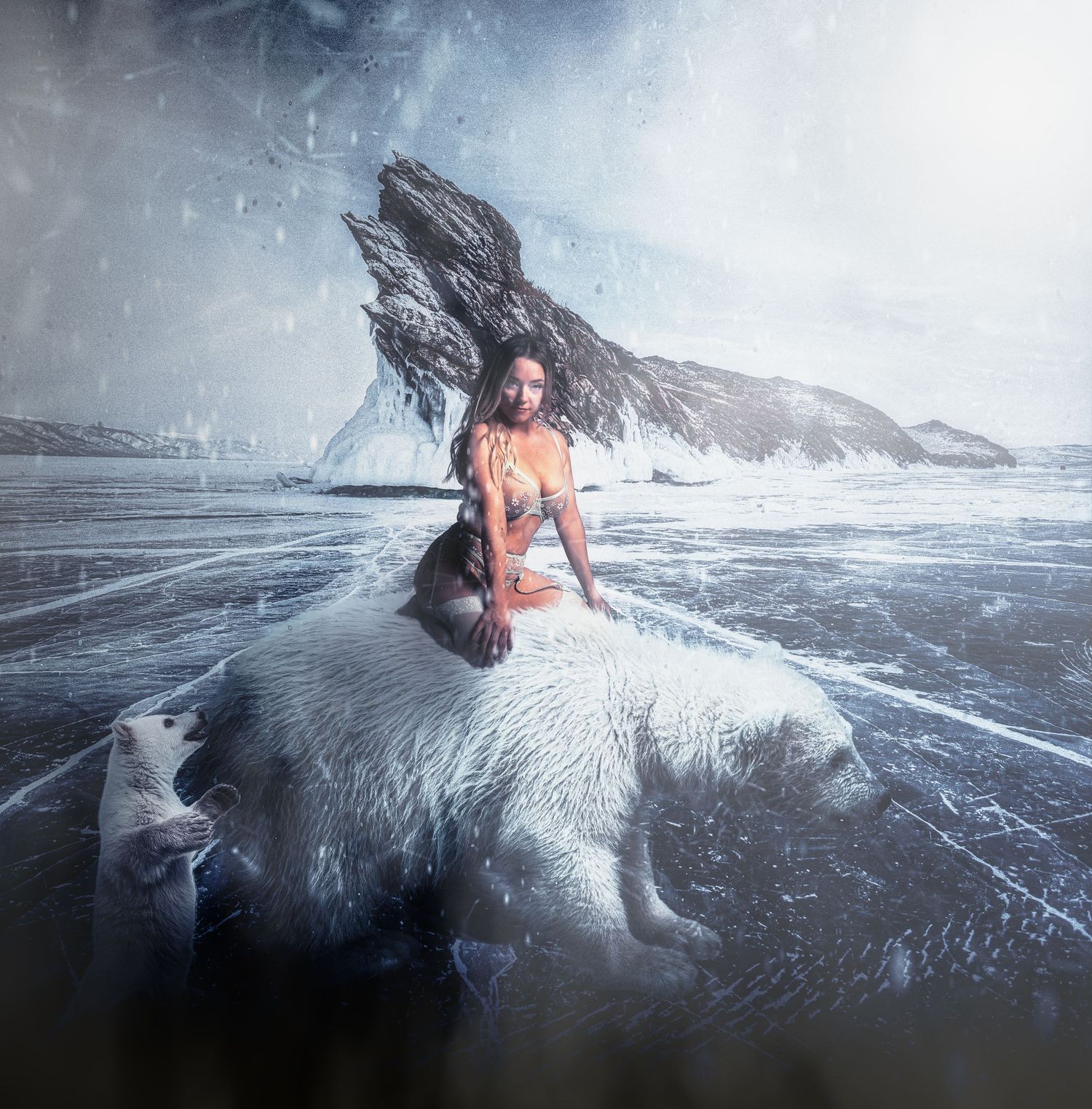 Surreal fantasy scene of figure posed on ice with dramatic rock formation in winter landscape.