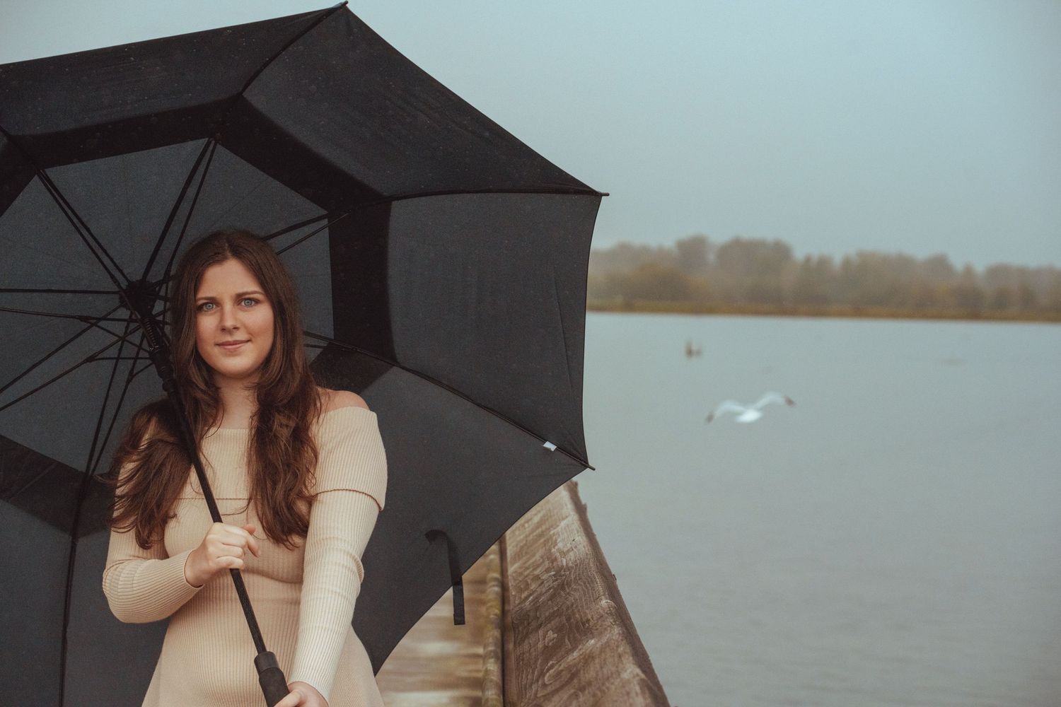 Rainy day portrait of someone holding a black umbrella near a lake.