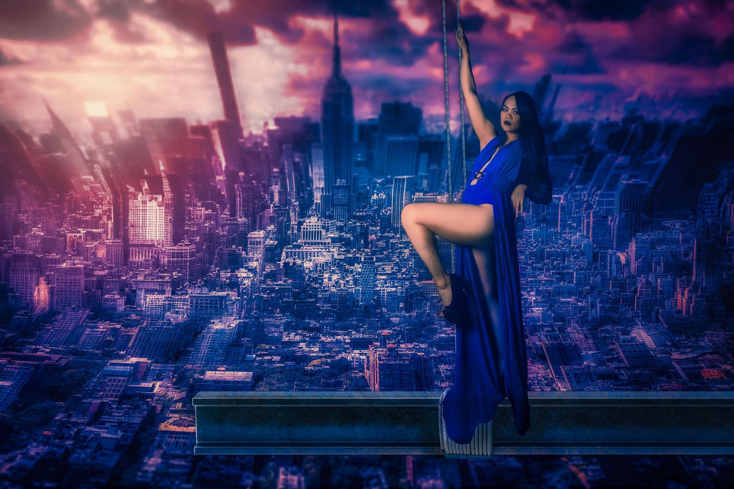 Artistic cityscape with figure on rooftop against purple sunset sky.