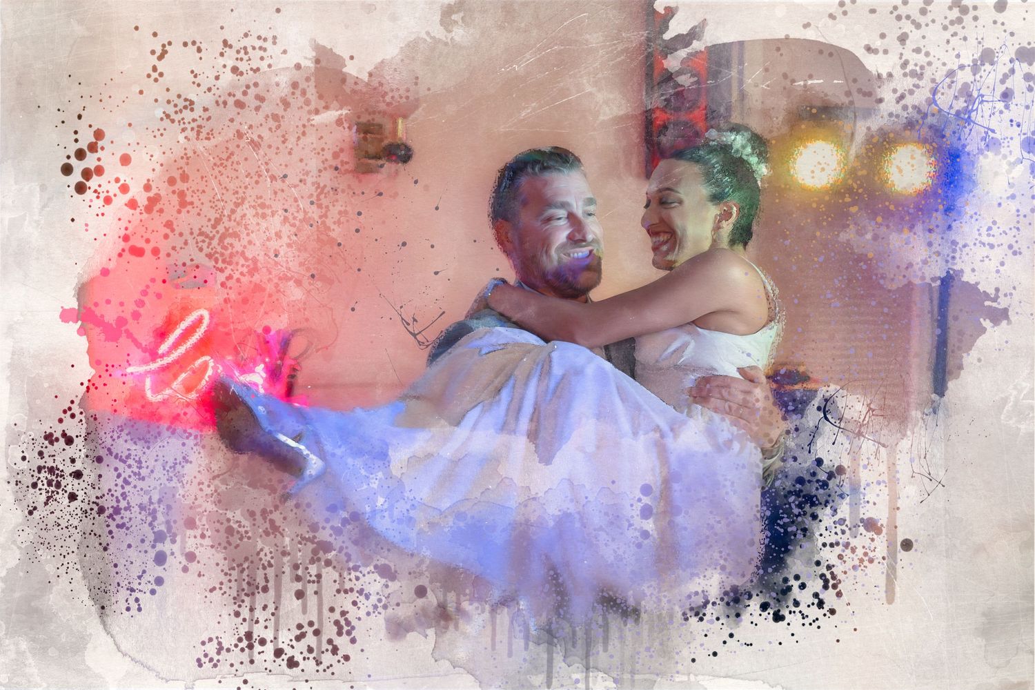 Artistic watercolor-style image of dancers with red and blue light effects.