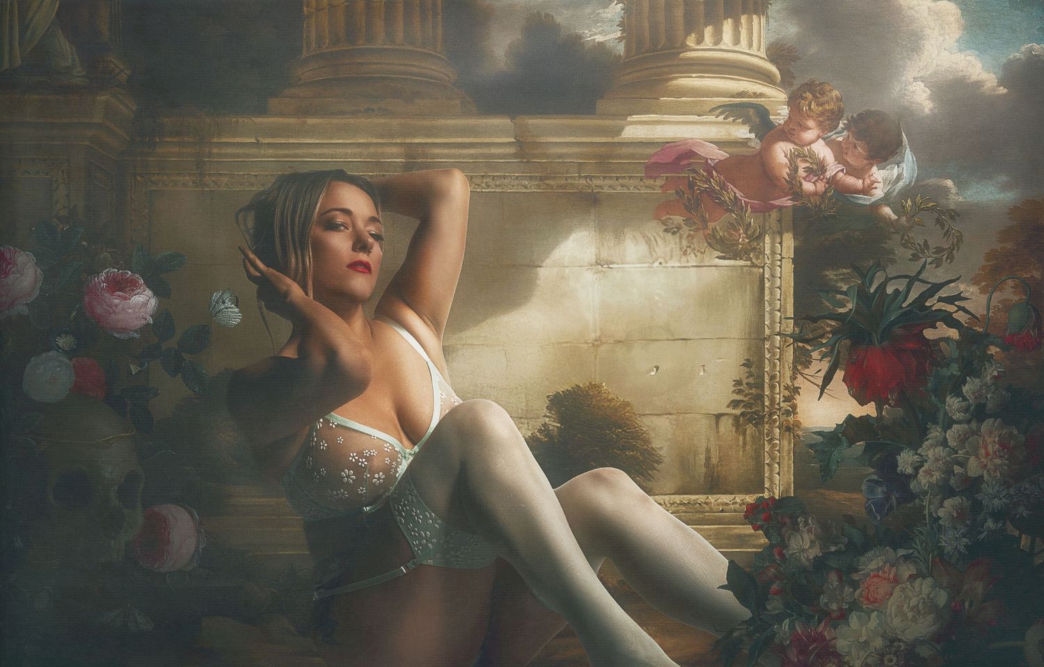 Romantic fantasy portrait with cherubs and flowers in classical architectural setting.