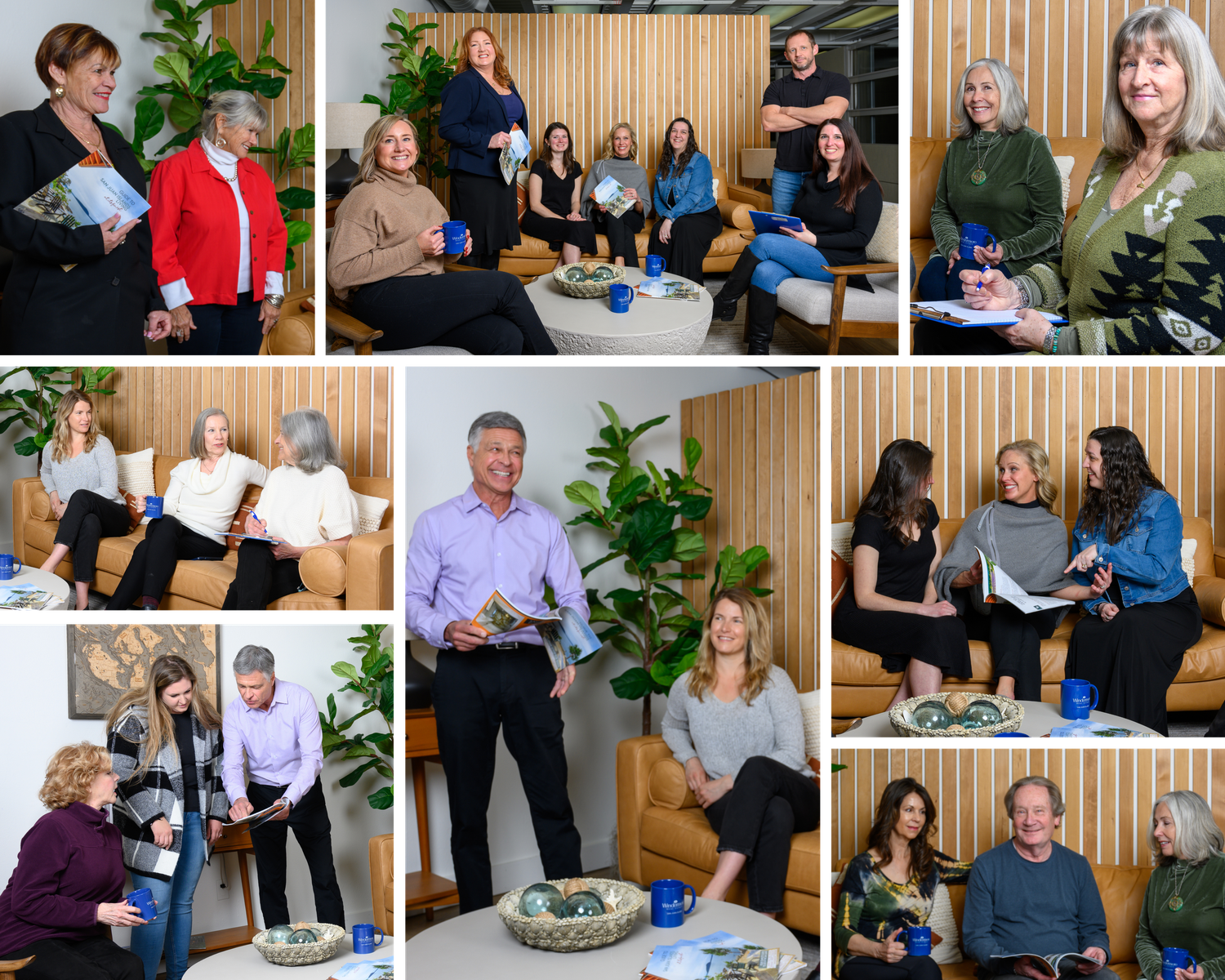 A collage of casual business meeting scenes showing group discussions in a modern office setting.