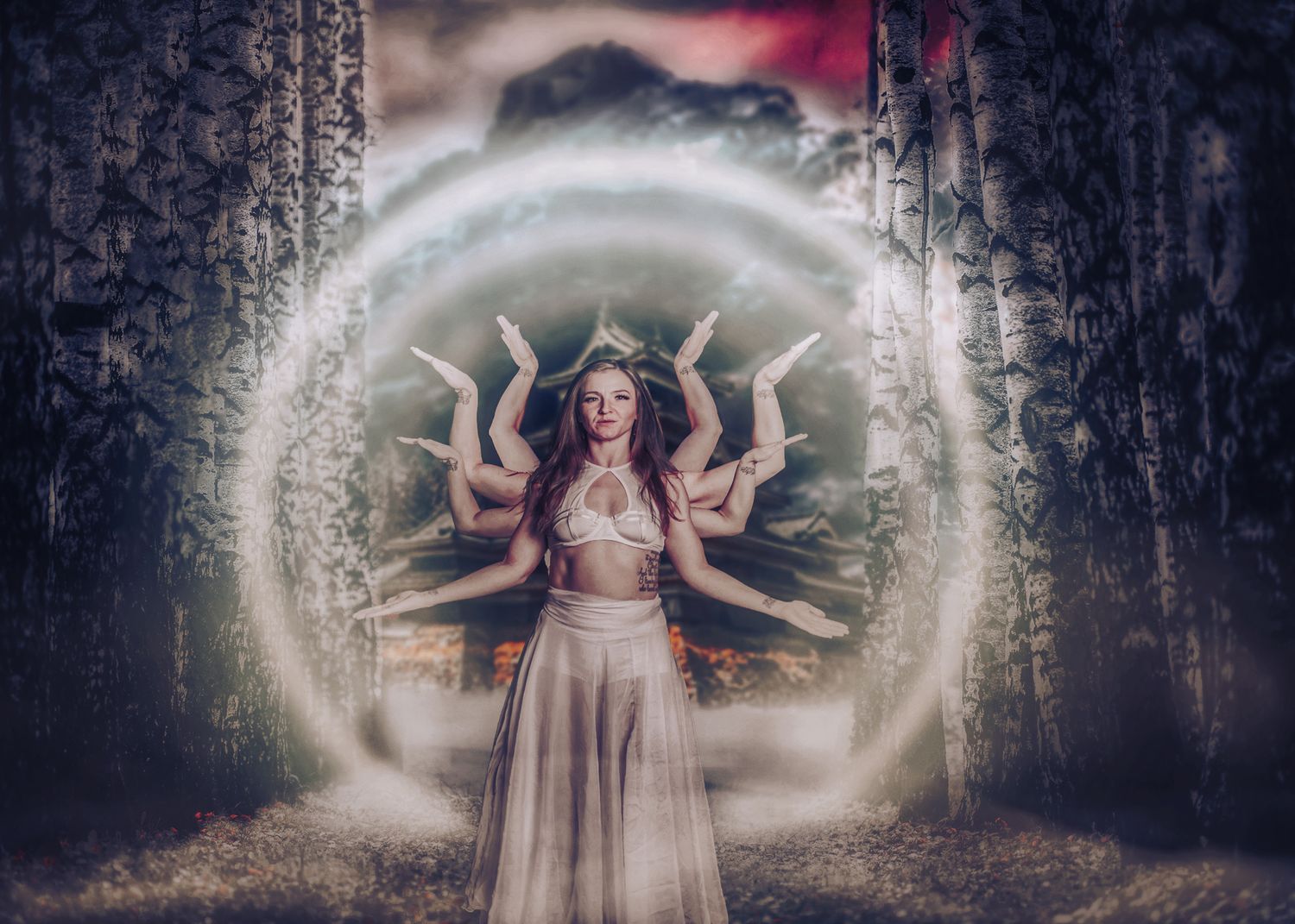 Mystical figure with multiple arms in glowing portal amid fantasy forest setting.