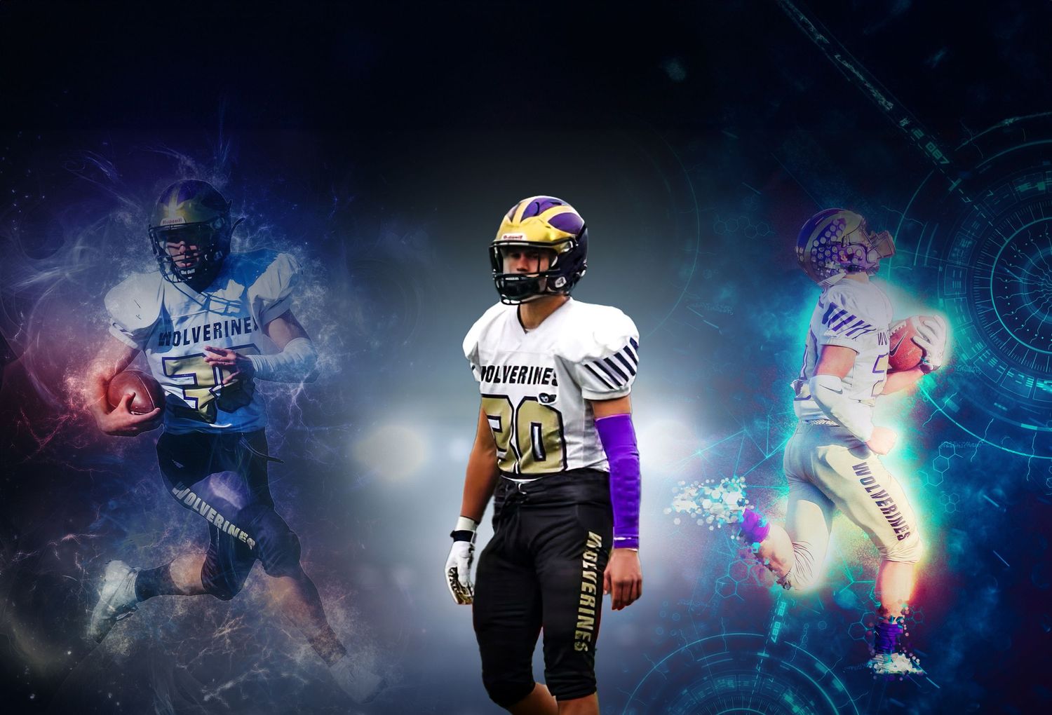 Composite sports photo of football player with multiple action poses and special effects.