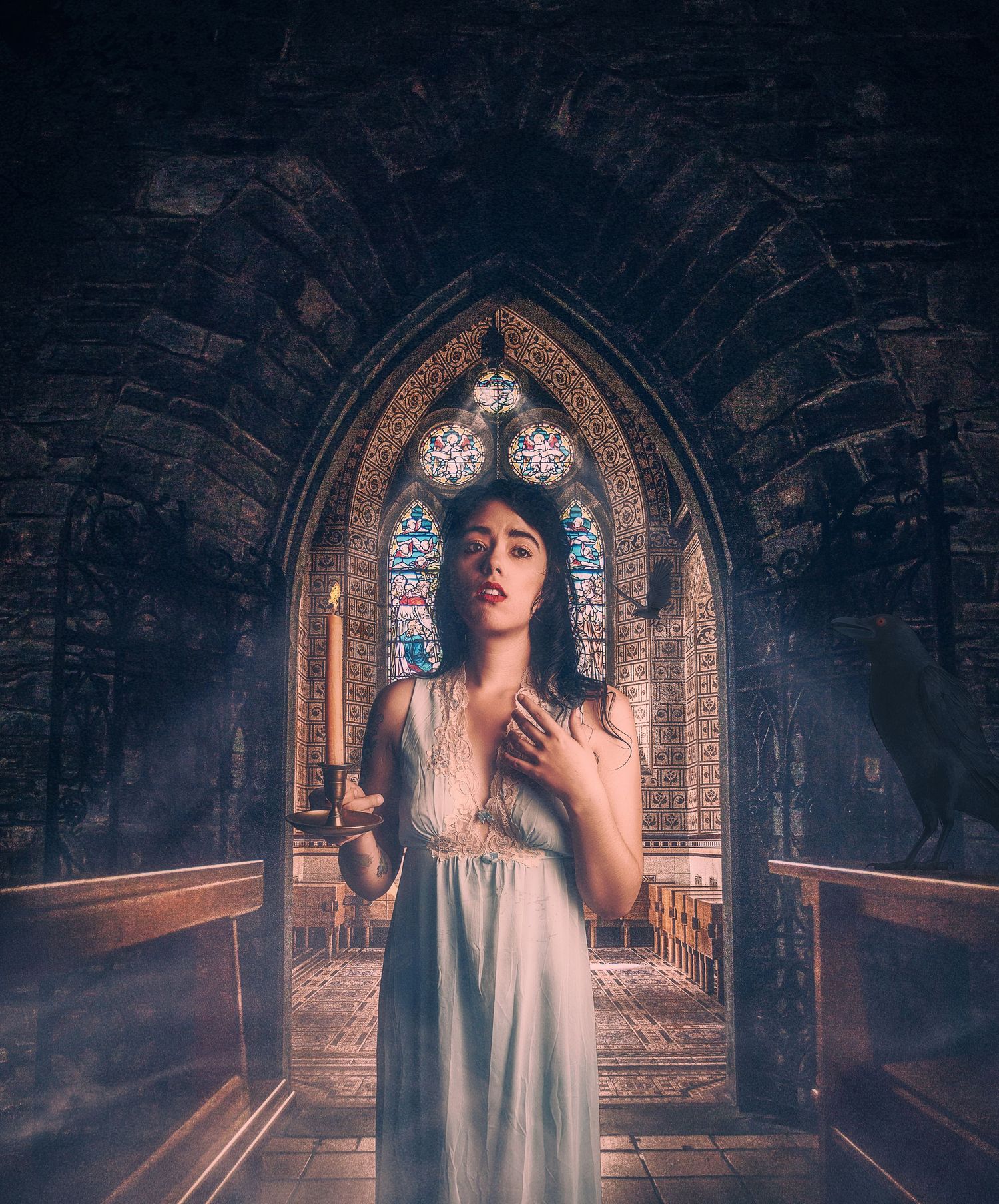 Ethereal figure in white dress stands before gothic archway with stained glass window in dark moody church setting.