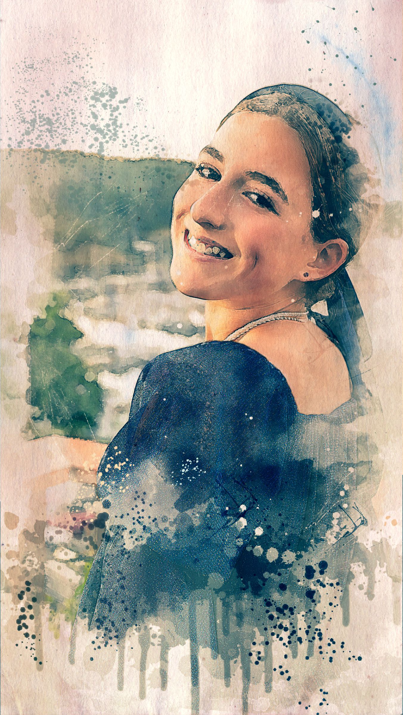 Artistic portrait with watercolor effects showing elegant pose against natural backdrop.
