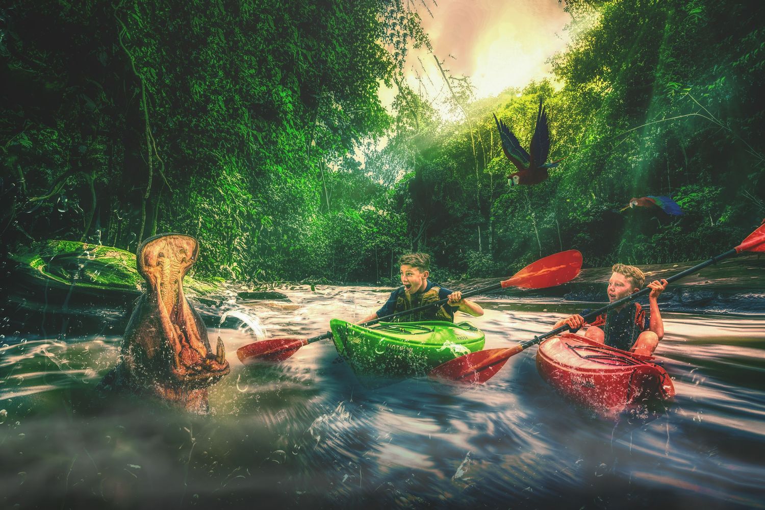 Kayakers paddling through misty river surrounded by lush green forest.