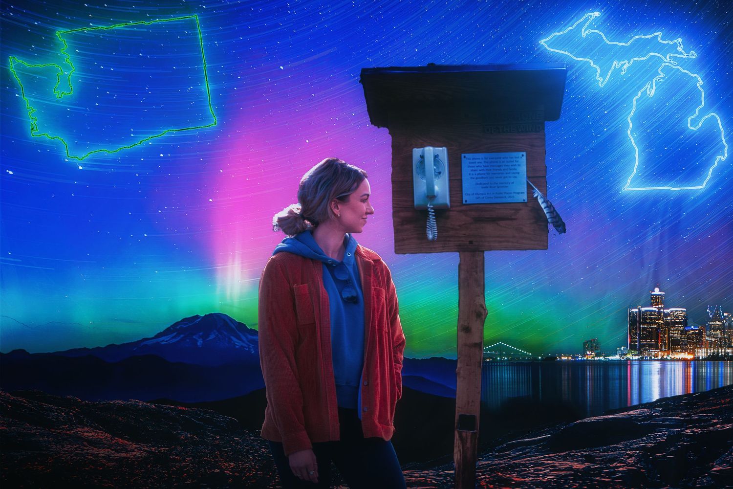 Person standing by mailbox at night with northern lights and Michigan state outline in sky.