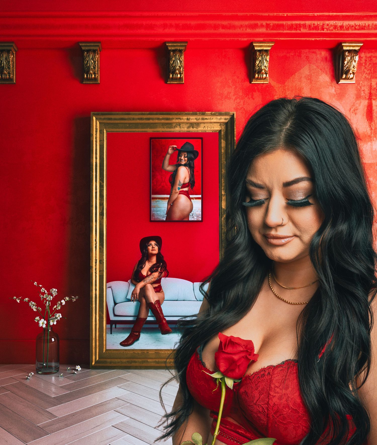 Romantic portrait with red rose against crimson wall with ornate mirror and decorative elements.