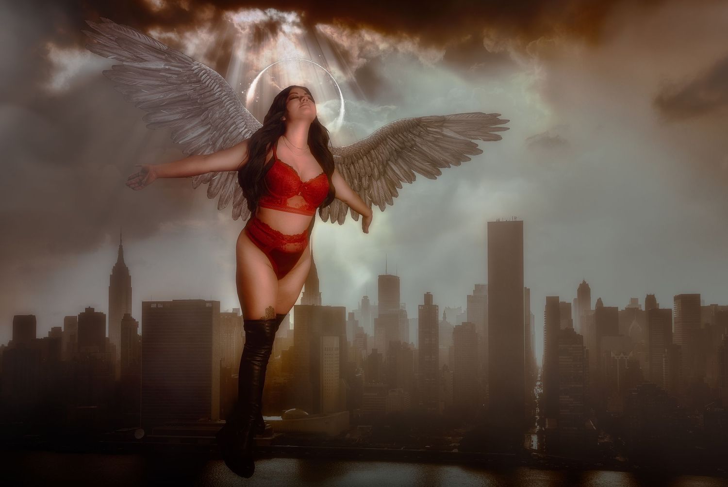 Fantasy portrait with wings against a dark cityscape with dramatic moody lighting and clouds.