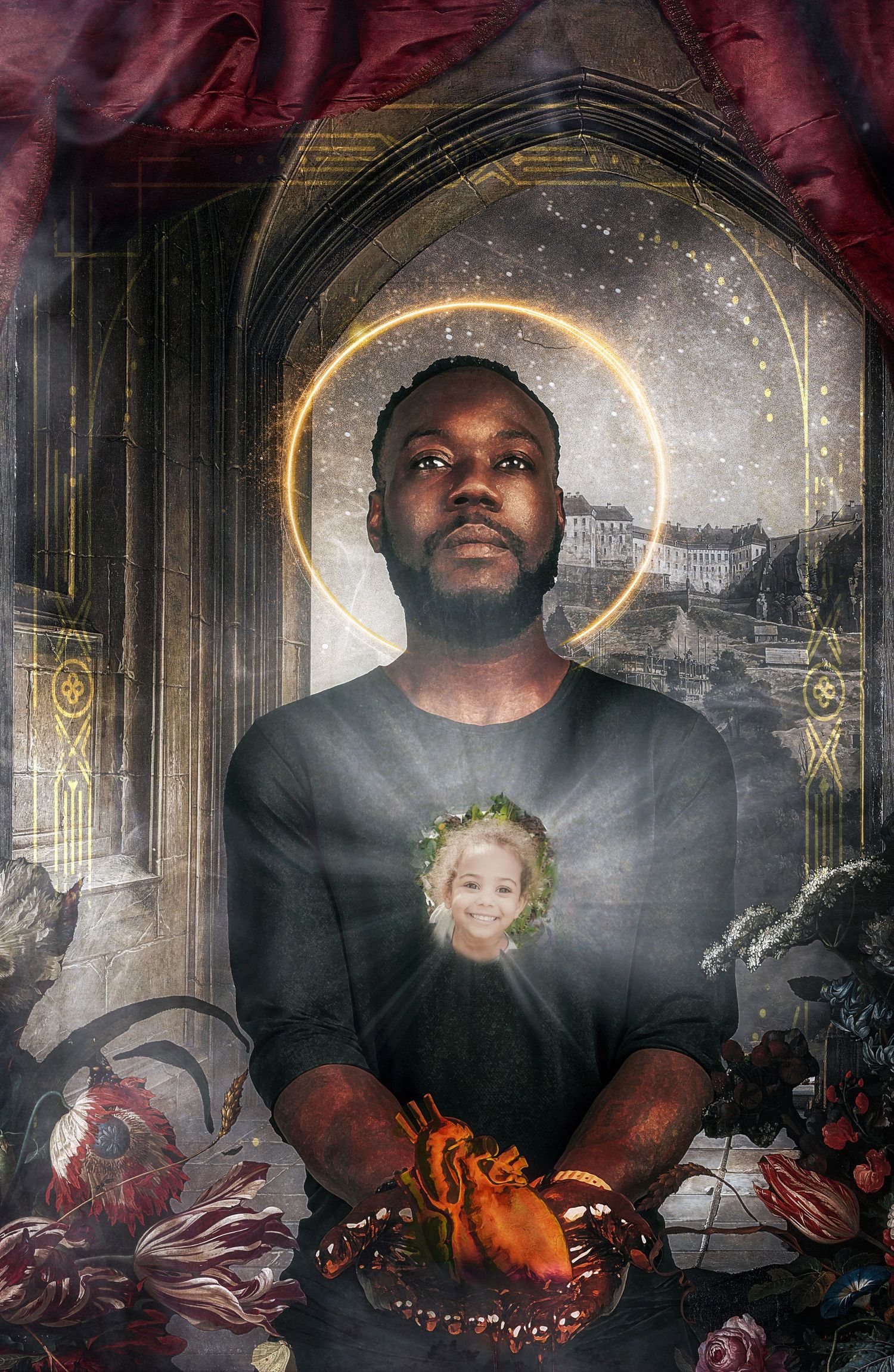 Surreal portrait with glowing halo effect, mystical imagery and architectural elements in dark setting.
