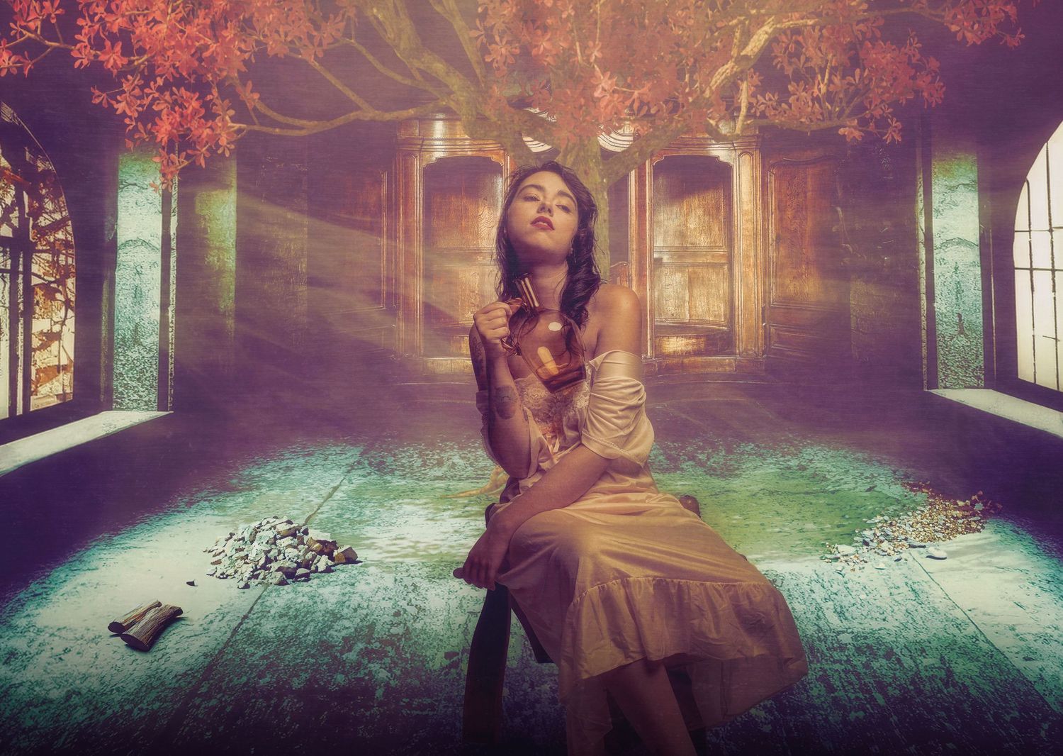Fantasy portrait in abandoned room with sunbeams streaming through windows and mystical autumn atmosphere.