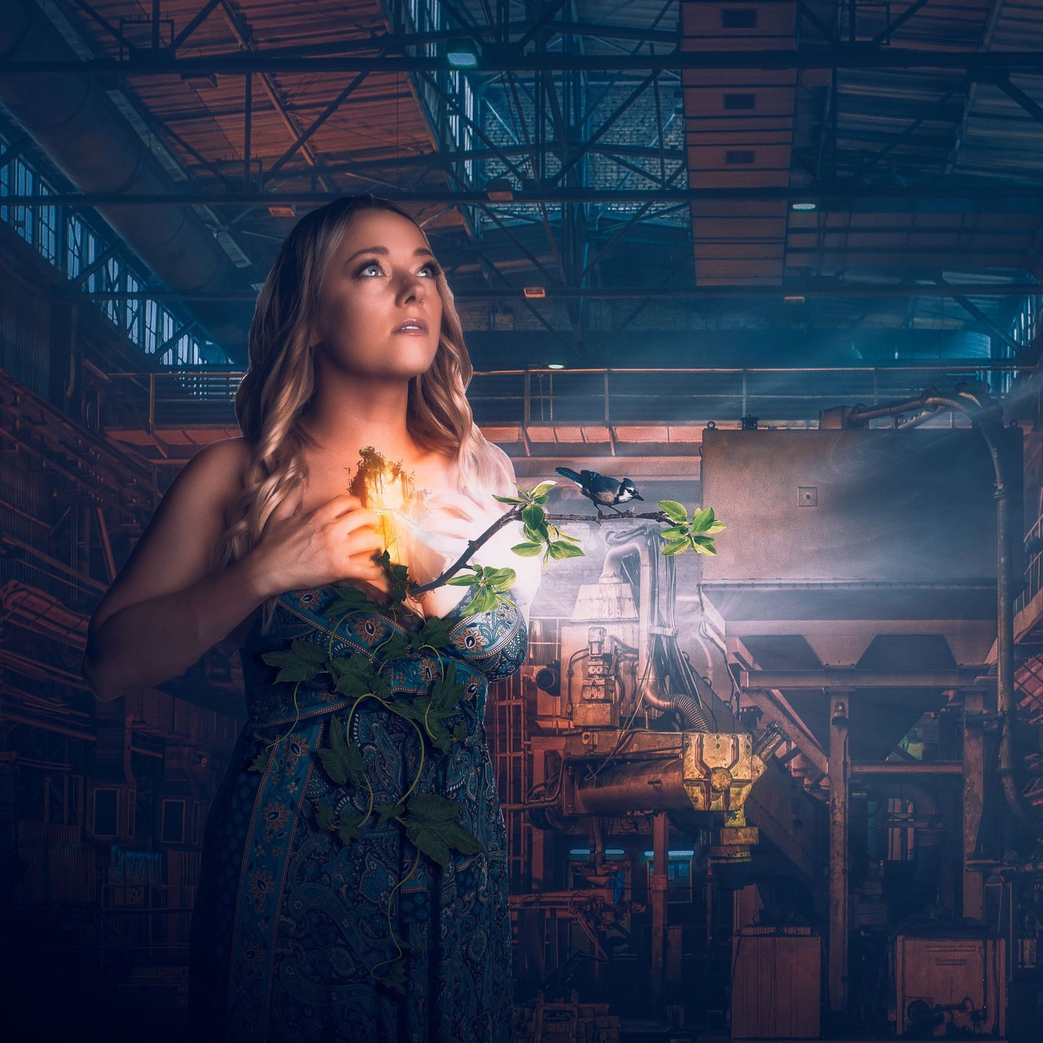 Fantasy portrait in industrial setting with glowing flower and dramatic lighting.