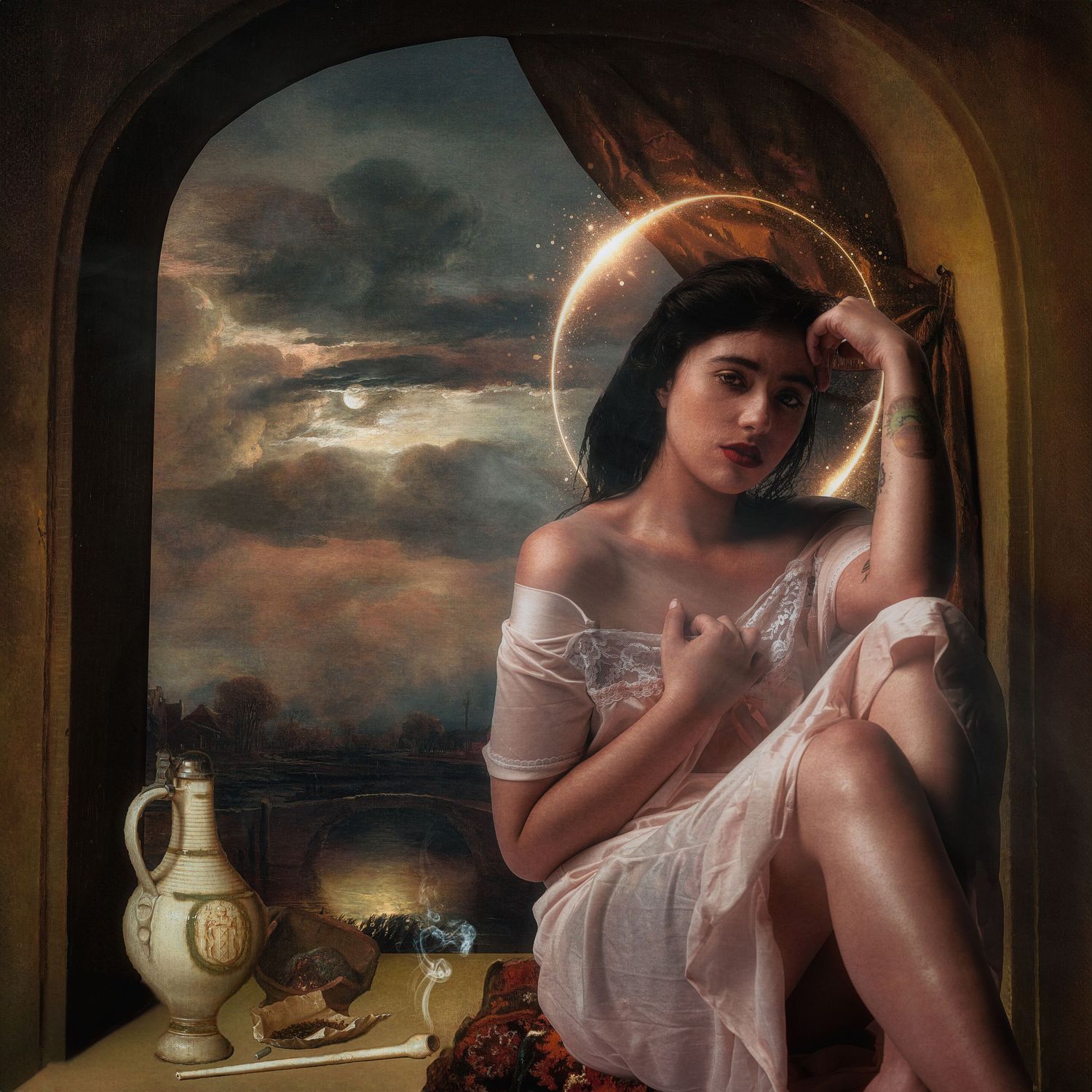Artistic fantasy portrait through arched window with celestial elements and still life arrangement.