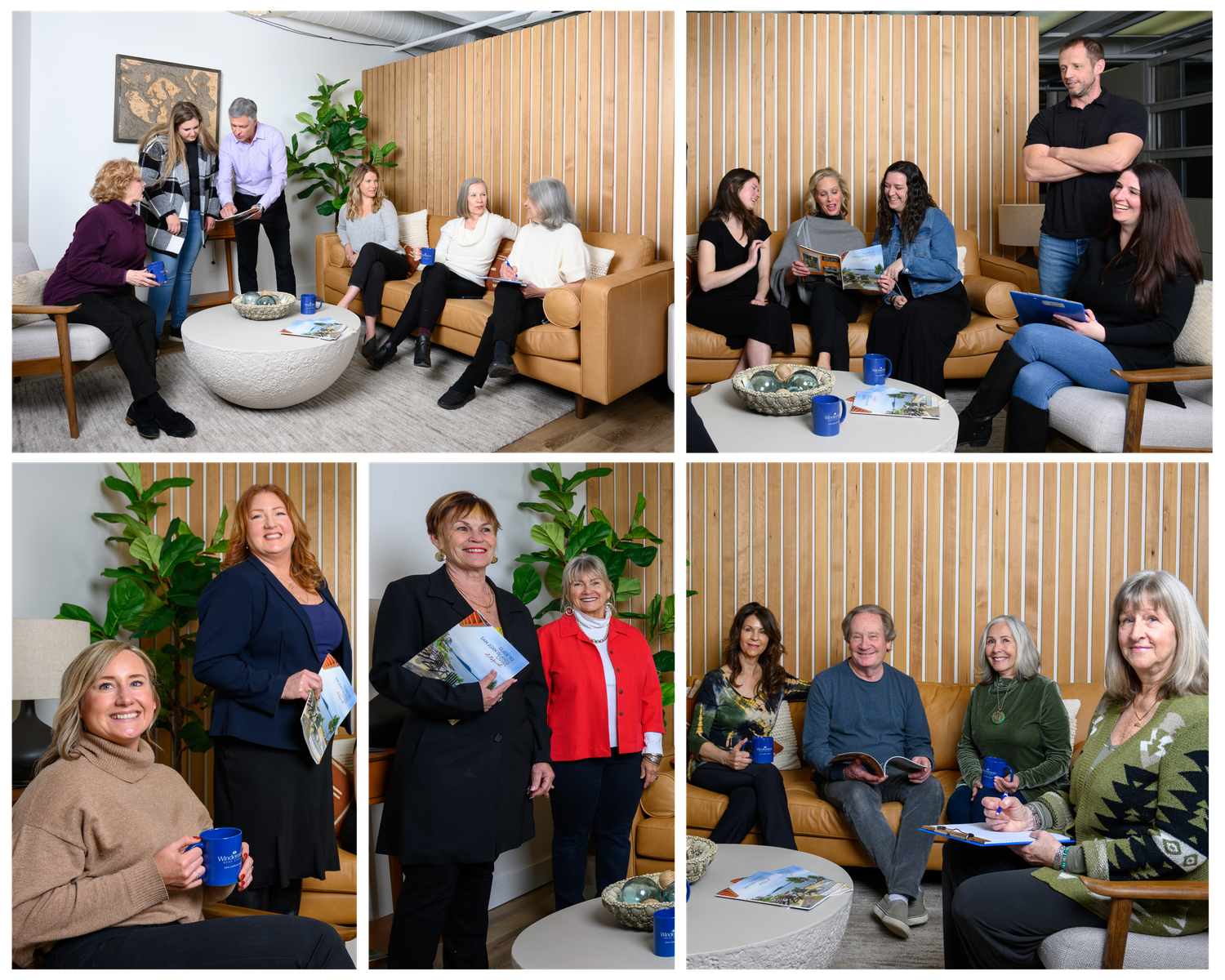 Modern office space collage showing various seating areas and group gatherings in contemporary setting.