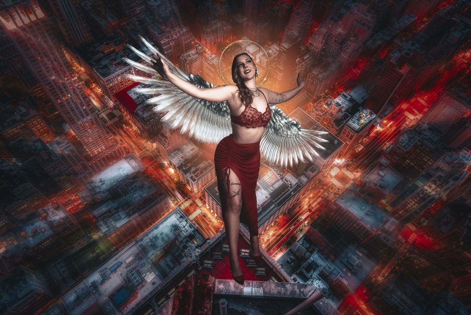 Fantasy portrait with white wings against urban cityscape with red lighting effects.