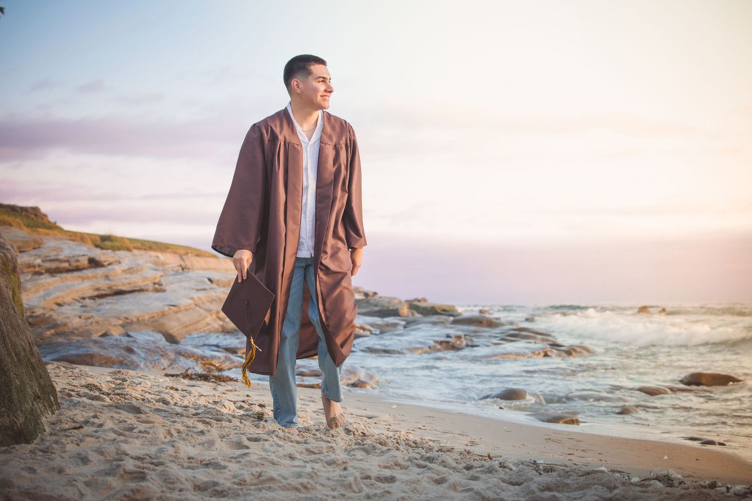 A series of tranquil coastal landscape views at sunset with rocky cliffs and sandy beaches along the shoreline.