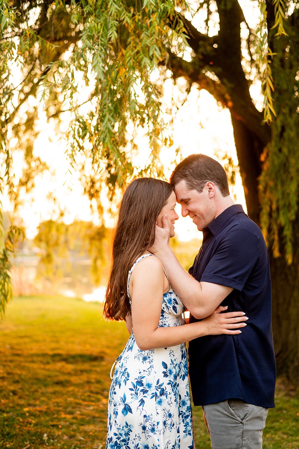 A romantic moment between a couple beneath a willow tree at sunset with golden light filtering through.