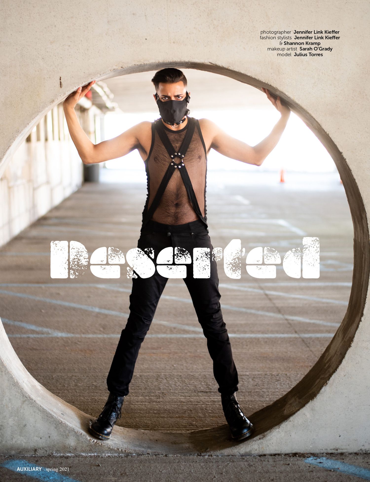 Stylized edgy fashion photo featuring dark clothing and a face mask against a circular concrete architectural frame.