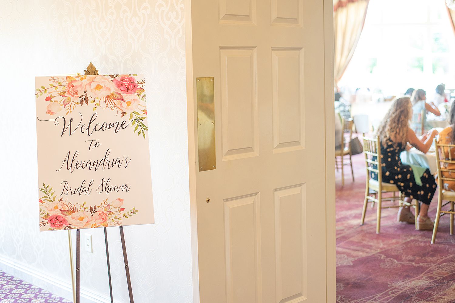 Wedding decor and details displayed across a series of interior photos showing flowers, signs, and decorative elements.